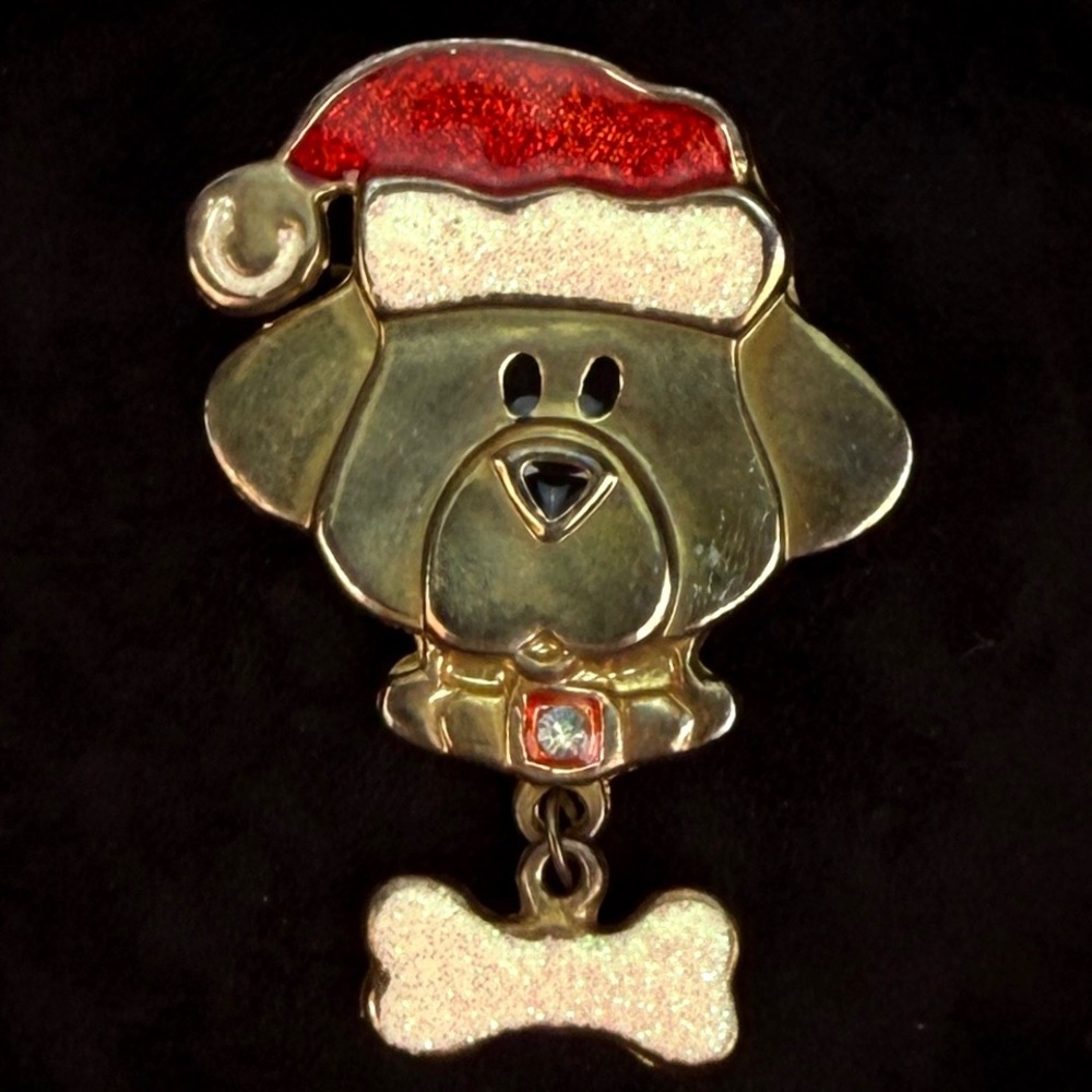 Vintage, brass tone holiday, dog brooch